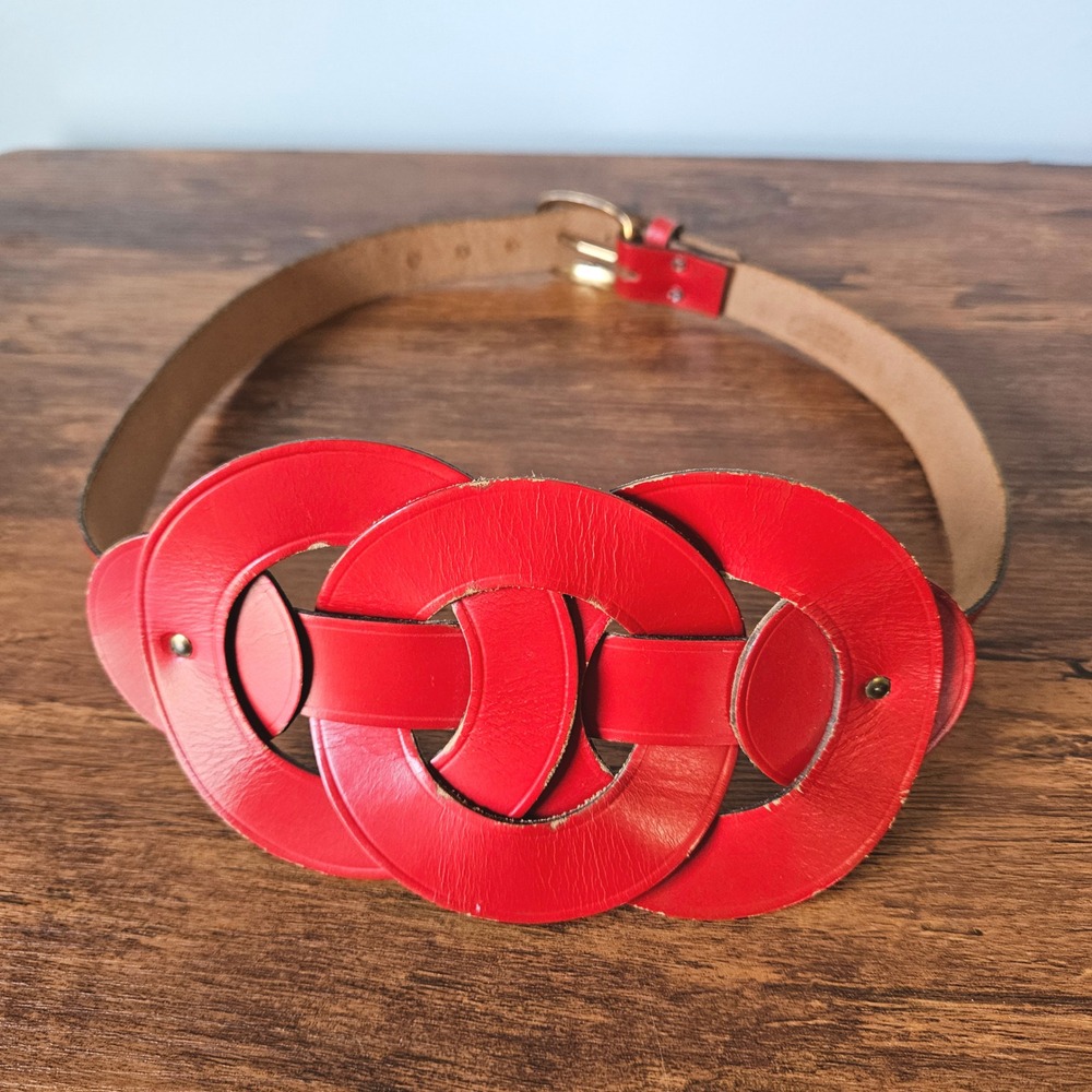 Vintage 80s Red Leather Statement Belt Large Circles Buckle Gold Tone
